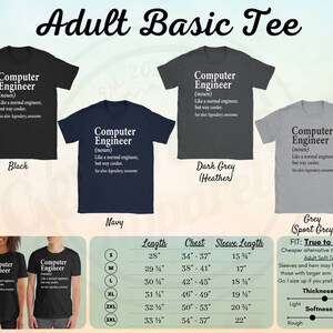 Puede incluir: Una selecci&oacute;n de camisetas b&aacute;sicas para adultos en negro, azul marino, gris oscuro y gris. Cada camiseta presenta el texto "Computer Engineer" con una definici&oacute;n. Tambi&eacute;n se muestra informaci&oacute;n sobre tallas y ajuste.