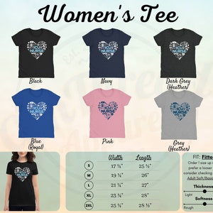 May include: Women's tee shirt with a heart-shaped design featuring the words "ICU Nurse" surrounded by medical symbols. The shirt is available in black, navy, dark grey, blue, pink, and grey. The size chart shows the width and length of the shirt in inches.