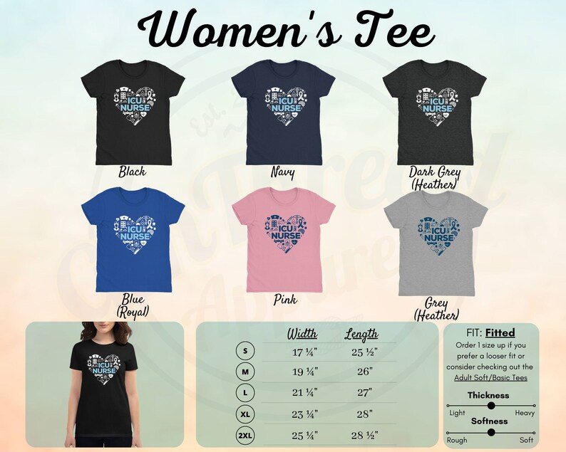 May include: Women's tee shirt with a heart-shaped design featuring the words "ICU Nurse" surrounded by medical symbols. The shirt is available in black, navy, dark grey, blue, pink, and grey. The size chart shows the width and length of the shirt in inches.