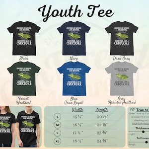 May include: Youth t-shirt design featuring a green crocodile with the text "Crocodiles are awesome, I am awesome, Therefore I am a crocodile". The shirt is available in black, navy, dark grey, forest (heather), blue (true royal), and grey (athletic heather). The size chart shows width and length measurements in inches for sizes S, M, L, and XL. The fit is described as "true to size" and the thickness and softness are described as light/rough, heavy/soft.