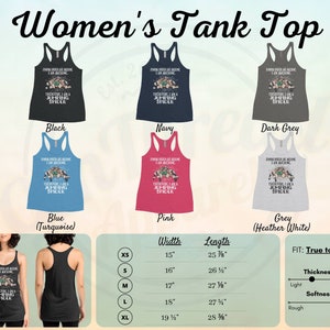 May include: A women's tank top with a graphic print of a jumping spider and the text "Jumping spiders are awesome, I am awesome, Therefore I am a jumping spider". The tank top is available in black, navy, dark grey, blue (turquoise), pink, and grey (heather white). The size chart shows the width and length of the tank top in inches for sizes XS, S, M, L, and XL. The tank top is described as true to size, light thickness, and soft.