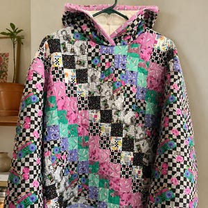 Patchwork Cropped Quilted Adult Hoodie – Retro 90s Colorblock Jacket, Handmade OOAK Statement Piece
