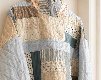 Patchwork Quilted Hoodie, Cropped Boxy Jacket, Handmade From Scratch, Adult L/XL