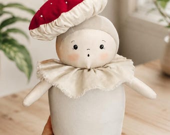 OOAK Handmade Mushroom Doll, Amanita Fabric Doll, Woodland Plush, Cottagecore Nursery Decor, Soft Sculpture Art Doll, Handmade Gift