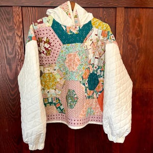 Quilted From Scratch Adult Hoodie – Hexagon Patchwork Floral Pullover – Cropped L/XL