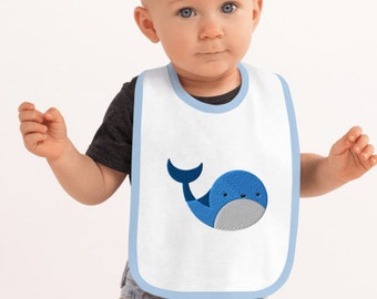 Blue Whale - Embroidered Baby Bib - Marine Life Bib - Kawaii Bib - Cute Baby Bib - Gift for New Mom - Gift for New Baby