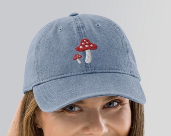 Mushrooms - Denim Hat - Embroidered Cap - Mushroom Embroidery - Cottagecore- Boho Cap- Bohemian Hat - Gift