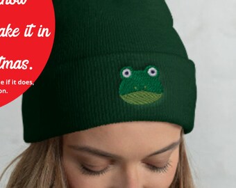 Frog - Embroidered Cuffed Beanie - Frog Beanie - Green Frog Hat - Mori Kei Beanie - Cottagecore Beanie - Gift for Student - Knit Beanie