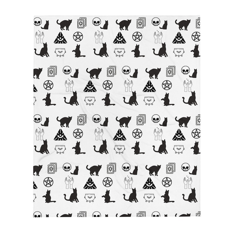 May include: Black and white repeating pattern featuring a black cat, a skull, a pentagram, a triangle with an eye, a cauldron, and two hands with fingers pointing up. The pattern is on a white background.
