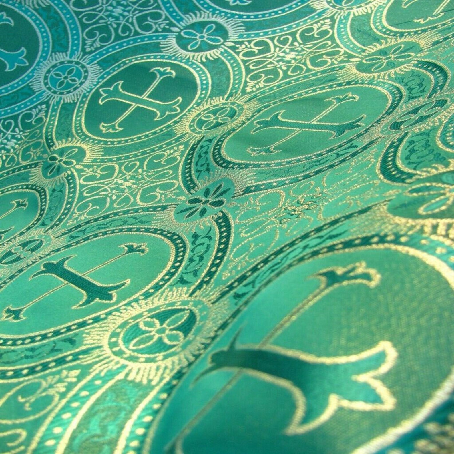 Metallic Brocade Fabric Green Gold By the Yard Liturgical Etsy