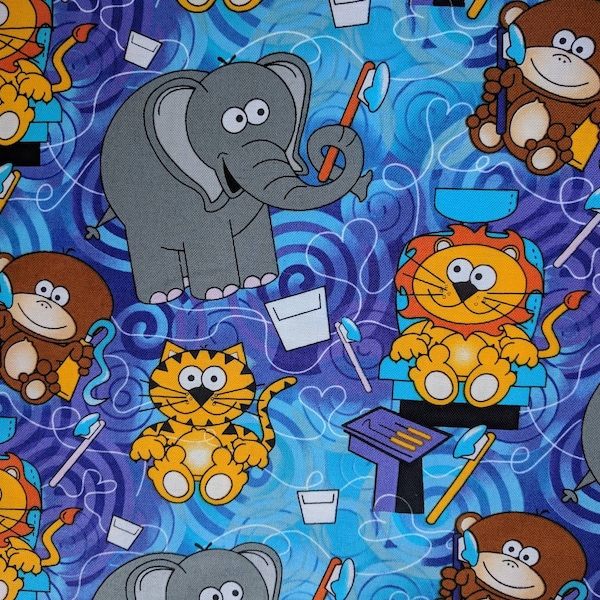 100 % Cotton Fabric Dentist Medical Fun Kids Print Blue Swirls Animal Friends By Yard-Half Yard-Fat Quarter for mask scrubs sewing quilting