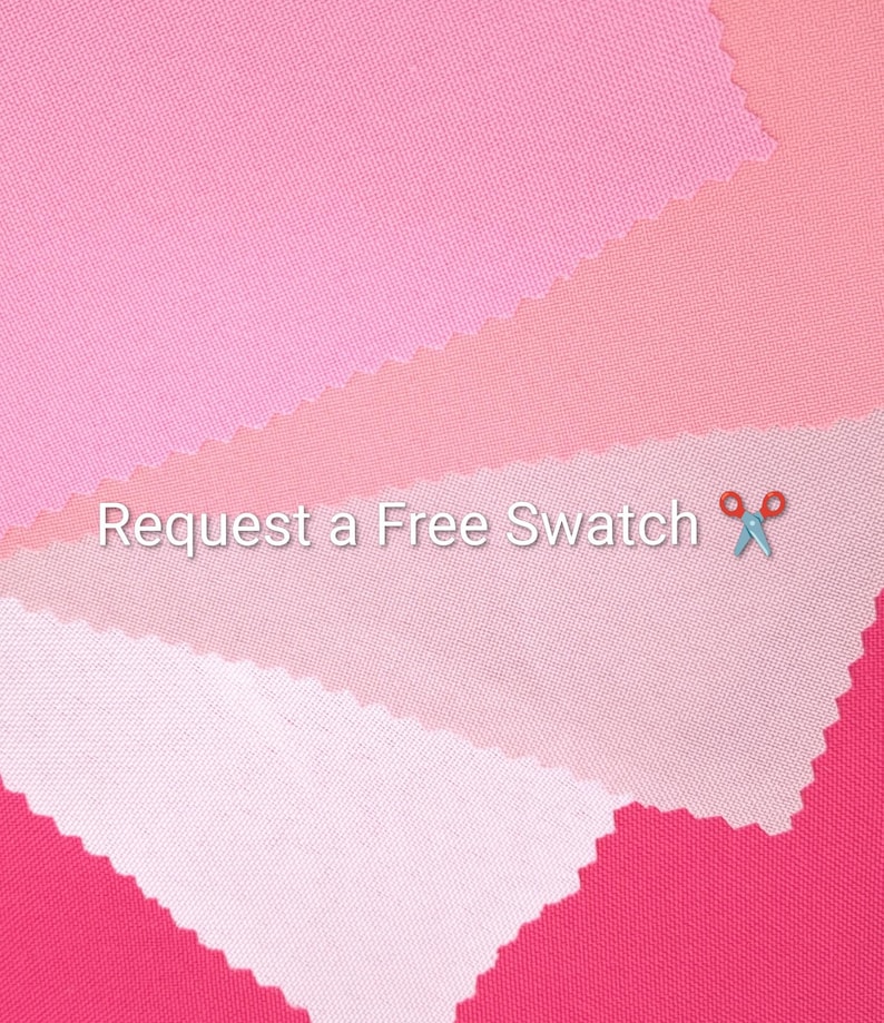 Puede incluir: Muestras de tela rosa en diferentes tonos, desde rosa claro hasta rosa intenso. Las muestras est&aacute;n dispuestas en un patr&oacute;n en capas, con un borde festoneado. Se muestra el texto "Request a Free Swatch".