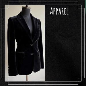 May include: A black velvet blazer on a mannequin, featuring a notched lapel, two front buttons, and two flap pockets. The word "APPAREL" is printed in white text on the right side of the image against a dark, textured background.