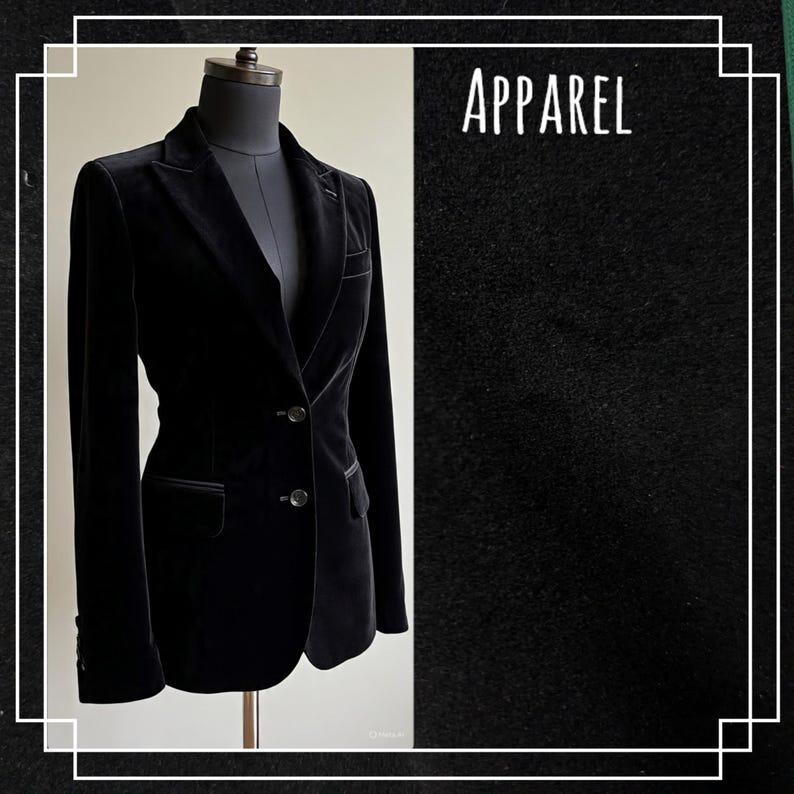 May include: A black velvet blazer on a mannequin, featuring a notched lapel, two front buttons, and two flap pockets. The word "APPAREL" is printed in white text on the right side of the image against a dark, textured background.