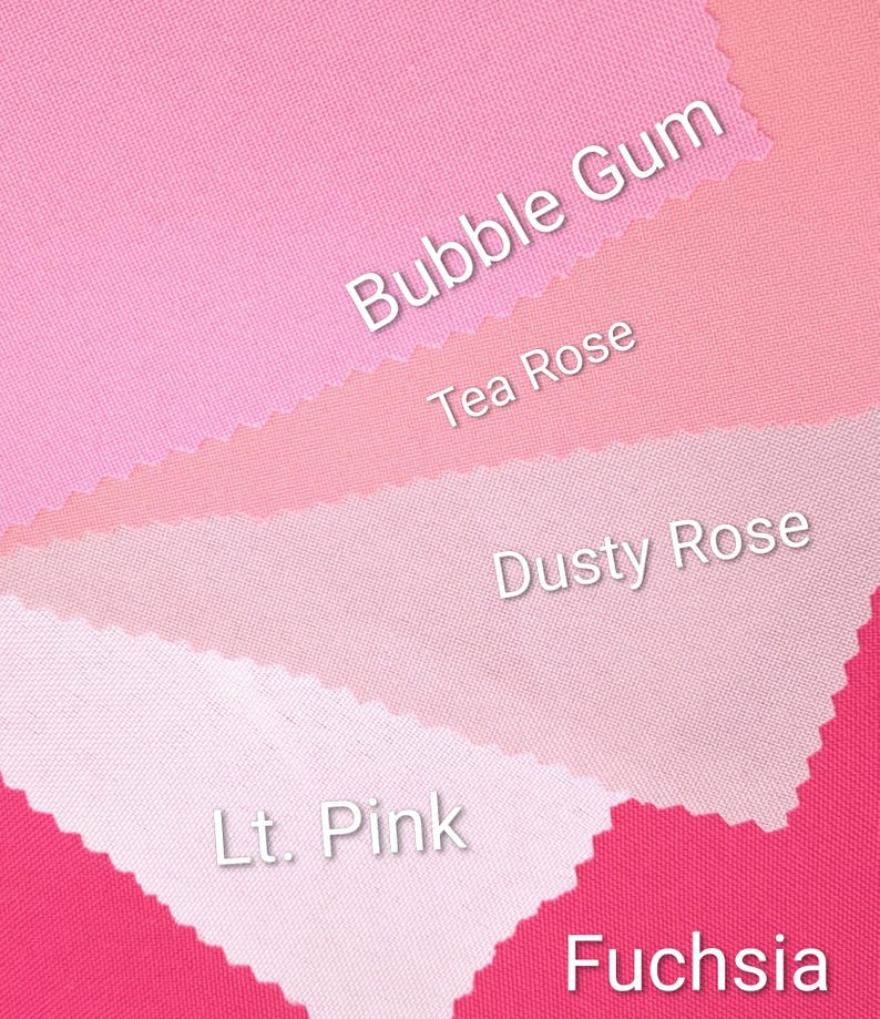 Puede incluir: Una paleta de colores con muestras de tela en varios tonos de rosa. Las muestras est&aacute;n etiquetadas con nombres como "Bubble Gum", "Tea Rose", "Dusty Rose", "Lt. Pink" y "Fuchsia".