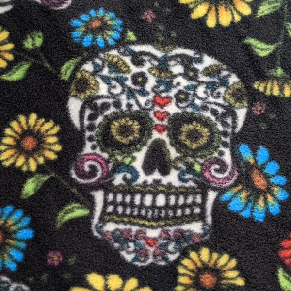 Day of Dead SUGARSKULL Print FLEECE fabric BTY Black Floral Mexico Dia d Muertos Folklorico Warm Fuzzy Fabric Multi Color Floral
