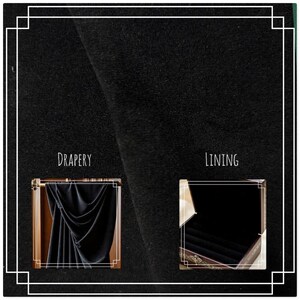 May include: A black fabric swatch featuring two inset images. The left image shows black drapery hanging on a rod. The right image shows the interior of a black jewelry box lining. The text DRAPERY and LINING are printed above the images.
