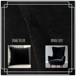 May include: A solid black fabric swatch featuring a textured surface. Below the fabric, two inset images show applications: a black pillow with lace trim labeled Home Decor and a black upholstered armchair labeled Upholstery.
