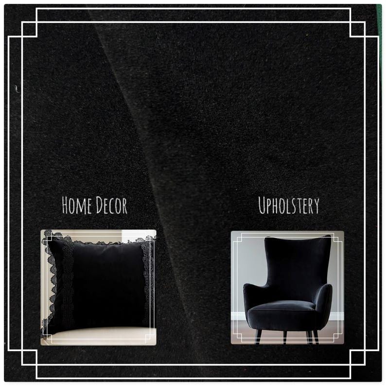 May include: A solid black fabric swatch featuring a textured surface. Below the fabric, two inset images show applications: a black pillow with lace trim labeled Home Decor and a black upholstered armchair labeled Upholstery.
