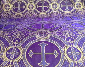 Metallic Brocade Fabric LITURGICAL PURPLE Gold Cross Fabric for Holiday, Vestments, and Decor, 58" wide - Sold by Yard