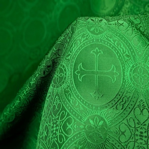 Liturgical Brocade Fabric By the Yard | Green Satin Jacquard Cross Medallion REVERSIBLE Fabric for Sewing, Vestments, and Home Decor