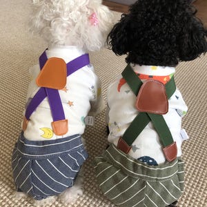 May include: Two dogs wearing white long-sleeve shirts with a celestial print, featuring attached suspenders with brown leather-like accents. One dog wears dark blue striped shorts, while the other wears olive green striped shorts.