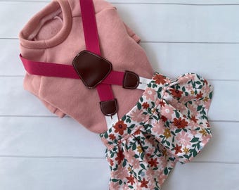 Pink Flowers Adjustable Suspender & Pants / Skirt Three-Piece Set