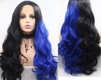 Half Black Half Blue Wig Etsy Half Black Half Blue Wig Etsy