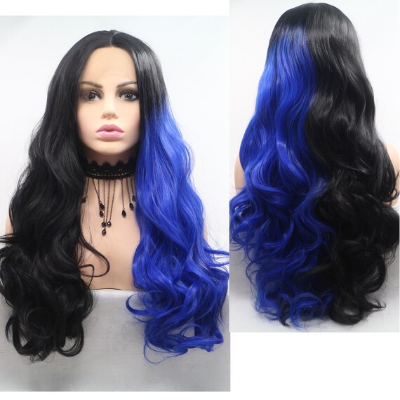Half Black Half Blue Lace Front Wigs Black And Blue Wig Wigs Etsy