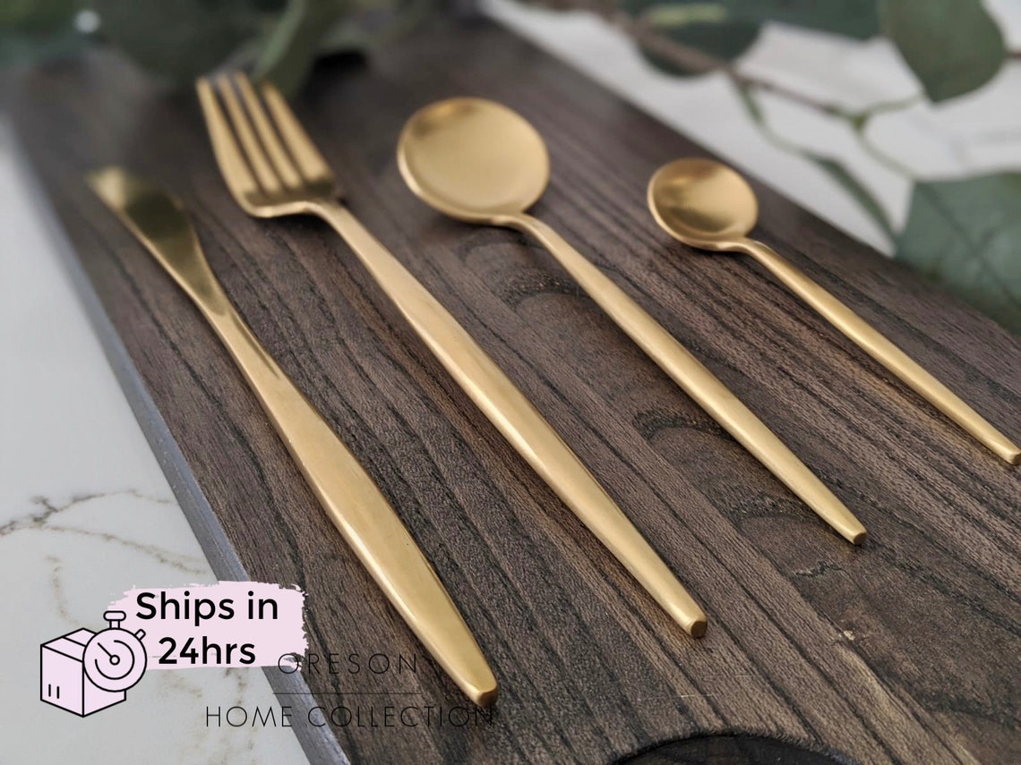 Matte Gold With Black Cutlery Set 4 Piece Flatware 4 Piece Etsy