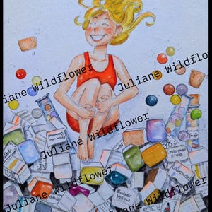 May include: A watercolour illustration of a smiling person with blonde hair in a red swimsuit, surrounded by a scattered collection of small, colourful rectangular paint pans and various round beads, with the text Juliane Wildflower overlaid.