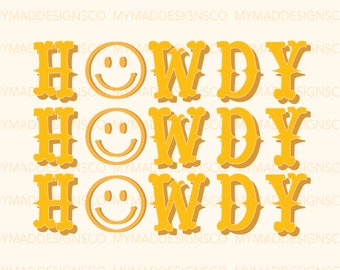 Howdy Smiley Face Digital Download PNG, Sublimation, Yellow, Southern PNG, Retro Lightning Smiley Graphic Bundle