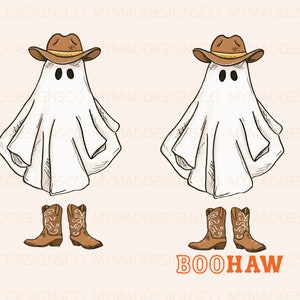 May include: Two white ghosts wearing brown cowboy hats and brown cowboy boots. The text "BOO HAW" is written in orange below the ghosts.
