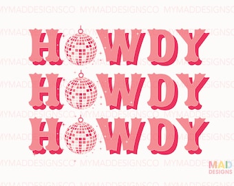 Howdy Disco Ball Digital Download PNG, Sublimation, Pink Howdy png, Retro Western Graphic