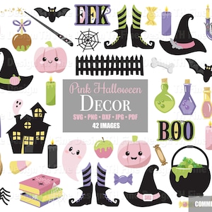 SVG Różowy Halloween Clip Art Clipart Images Pobierz Słodkie Dynie Kapelusze Czarownic Kocioł Miotły Duchy Eek Boo Nawiedzony Dom Pajęczyny Różdżki