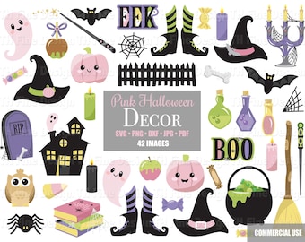 SVG Pink Halloween Clip Art Clipart Images Download Cute Pumpkins Witch Hats Broom Cauldron Ghosts Eek Boo Haunted House Spider Webs Wands