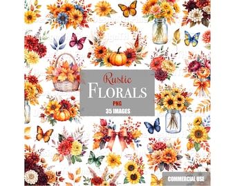 Fall Floral Pumpkins Clip Art Pumpkins Sunflowers Autumn Leaves Bouquets Foliage Arrangements Rustic Clipart Digital Downloadable PNG Files