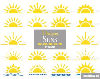 SVG Sun Sunset Sunrise Sunshine Horizon Waves Summer Cricut Cut Files Bundle Silhouette Printable Instant Download Clip Clipart Vector Art