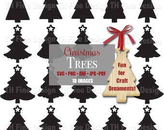 May include: A collection of black Christmas tree silhouettes with star toppers. A wooden tree ornament with the text "Fun for Craft Ornaments!" is included. The image also contains the text "Christmas Trees" and file type options.