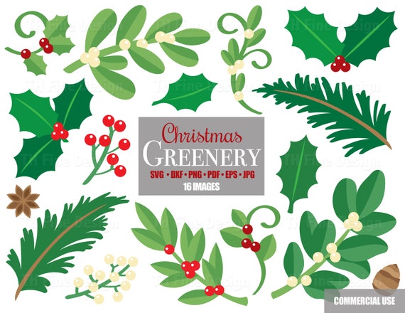 Christmas Greenery Foliage Leaves Holly Mistletoe Berries Winter Pinecone  Files Bundle Cricut Silhouette Downloadable Clip Clipart Svg Art 