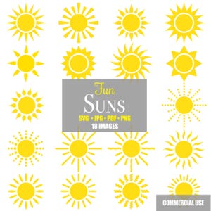 May include: A set of 18 yellow sun illustrations in various styles. The text "Fun SUNS" is in the centre of the image. The text "SVG - JPG - PDF - PNG 18 IMAGES" is below the title. The text "COMMERCIAL USE" is in the bottom right corner of the image.