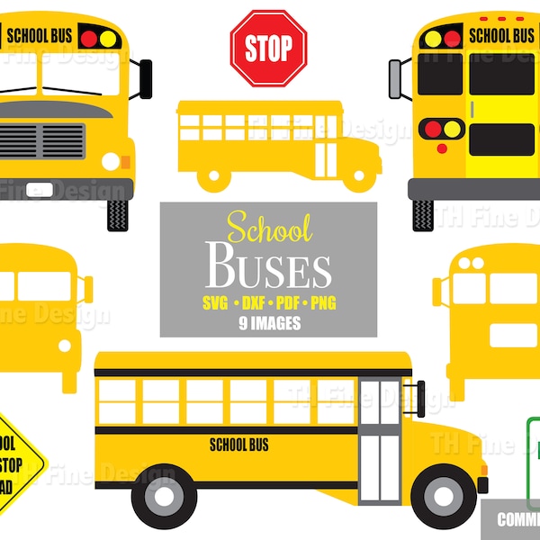 SVG School Buses Front Back Side View Bus Labels Bundle Cricut Silhouette Cutting Printable Instant Downloadable Clip Clipart Vector Art DIY