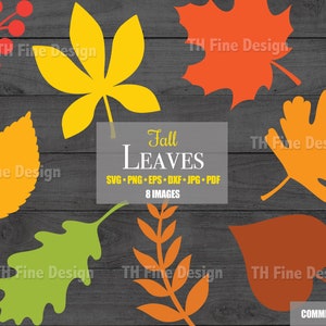 Pode incluir: Oito arquivos de corte digital de folhas de outono em várias cores, incluindo amarelo, laranja, vermelho e verde. Os arquivos estão disponíveis nos formatos SVG, PNG, EPS, DXF, JPG e PDF. O texto "Fall Leaves" é exibido no centro da imagem.