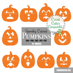 May include: Ten orange pumpkin cutouts with different facial expressions. The pumpkins are outlined in black and have white eyes, noses, and mouths. The text "Spooky Cutout Pumpkins" is in black letters on a gray background. The text "SVG. PNG. DXF. JPG. PDF" is in black letters on a gray background. The text "10 IMAGES" is in black letters on a gray background. The text "Cricut Cutter Compatible!" is in green letters on a white circle with a black outline. A pair of scissors is shown cutting the circle. The text "COMMERCIAL USE" is in black letters on a white background.