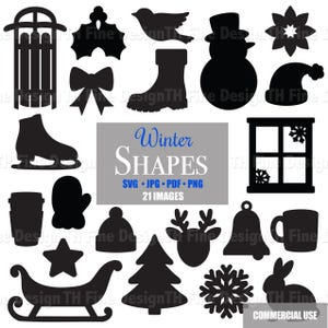 Può includere: Immagini di sagome nere a tema invernale, tra cui un pupazzo di neve, un pattino da ghiaccio, un fiocco di neve, un albero di Natale e una slitta. Il testo "Winter Shapes" è visualizzato al centro, insieme alle opzioni di tipo di file e al numero di immagini.