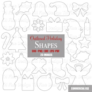 May include: A collection of 23 outlined holiday shapes in white, including a snowman, bell, Santa hat, bow, snowflake, gift box, Christmas tree, and angel. The text "Outlined Holiday SHAPES" is displayed in the center.