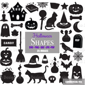 May include: A collection of black Halloween-themed shapes, including a haunted house, pumpkins, a witch's hat, a cat, a spider, and a tombstone. The text "Halloween Shapes" is displayed with file type options and the words "35 Images".