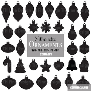 May include: A collection of 32 black silhouette ornaments in various shapes, including teardrops, stars, and bells. The image includes the text "Silhouette Ornaments" and file type options: SVG, PNG, DXF, JPG, and PDF.