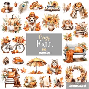 May include: A collection of watercolour illustrations featuring autumnal elements such as pumpkins, sunflowers, a puppy, a cat, a bicycle, and a bench. The text "Cozy Fall" is displayed with "PNG 25 IMAGES" below it. The colour scheme is warm, with orange, brown, and cream hues.