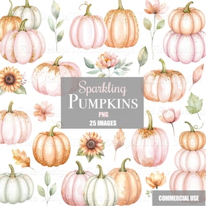 Op de afbeelding: Waterverfillustratie van sprankelende pompoenen in wit, roze en oranje, met gouden glitteraccenten. De afbeelding bevat zonnebloemen, bladeren en bloemen. Tekst luidt "Sparkling Pumpkins PNG 25 Images".